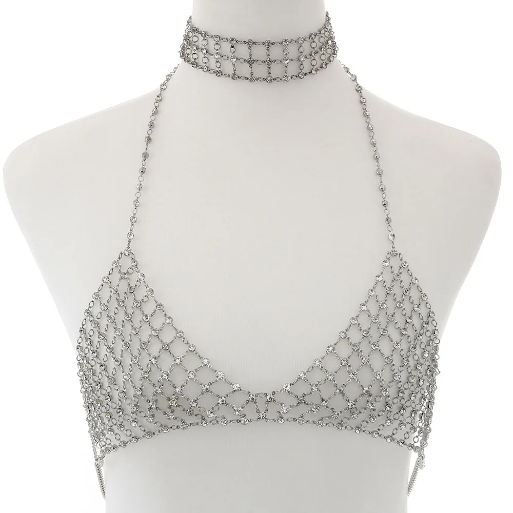 SilverBraAndChoker Сексуальная цепочка на грудь для тела, Женский Кристалл, цепочка на бюстгальтер, бикини, роскошные стразы, ювелирное изделие для тела, массивные ремни, пляжные летние ювелирные изделия - Окраска металла: SilverBraAndChoker