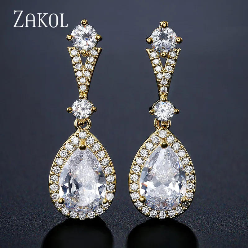 Gold Color ZAKOL, новинка, модные серьги-капли с фианитами для женщин, модные ювелирные изделия в виде капли воды, очаровательные серьги для свадебной вечеринки, женские подарки FSEP2182 - Окраска металла: Gold Color