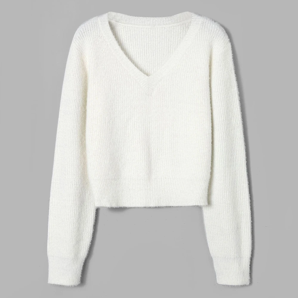 Фото ZAFUL Fuzzy V Neck Fluffy Knit Sweater Autumn Winter Soft Warm Short Women Elastic Knitted Pullovers New Crop Sweaters Женская одежда ZAFUL Fuzzy V Neck Fluffy Knit Sweater Autumn Winter Soft Warm Short Women Elastic Knitted Pullovers New Crop Sweaters Женская одежда