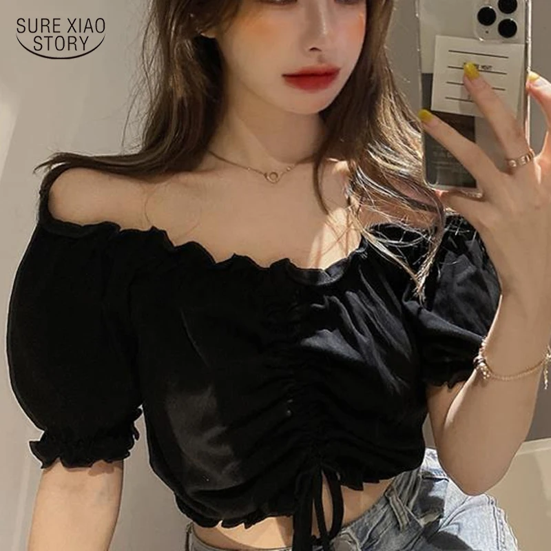 

2023 Women Fashion Puff Sleeve Chiffon Blouses Lace-Up Harajuku Shirt Summer Sexy Off Shoulder Tops Ruffles White Shirts 15250