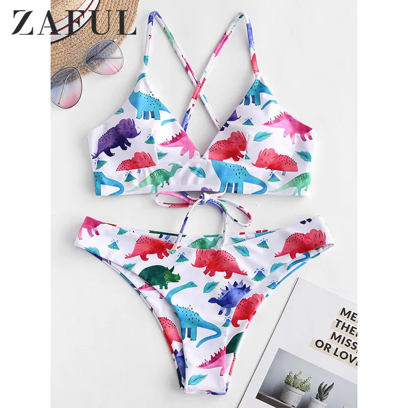 ZAFUL купальник-Бикини на шнуровке с динозавром | Женская одежда