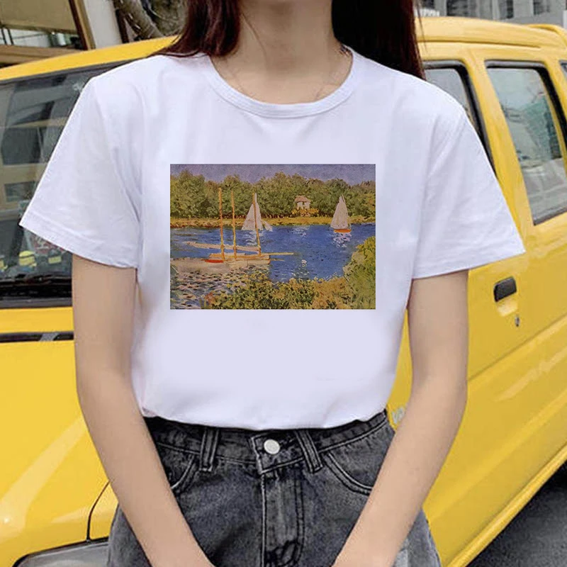 Art Oil Painting T shirt Women Summer Fashion Harajuku Aesthetic Printed Short Sleeve O-Neck Tee shirt  Female Top