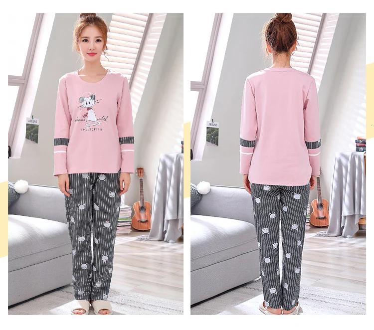 Пижамные комплекты для женщин с круглым вырезом Pijama Mujer пижама с длинным рукавом весенняя Хлопковая пижама Femme Повседневные наборы пижам комплект из двух предметов