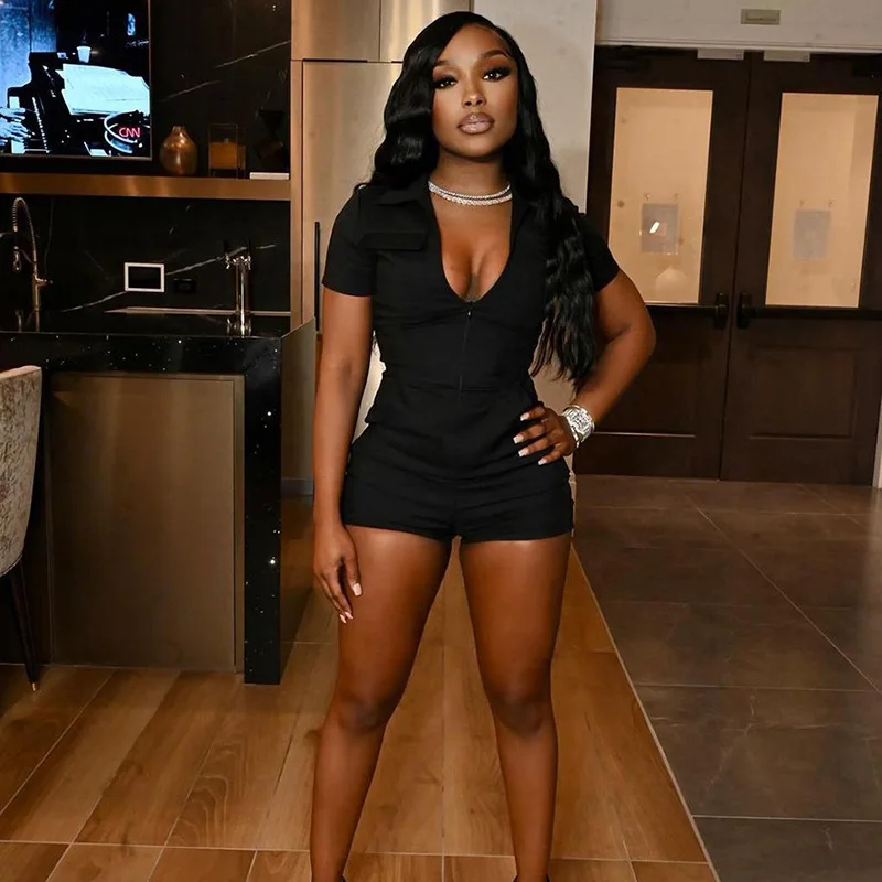 

Skennyee Zip Up Jumpsuit Sexy Push Up Playsuit Bodycon Streetwear Fashion Bodybuilding Skinny Women Short Jumpsuits