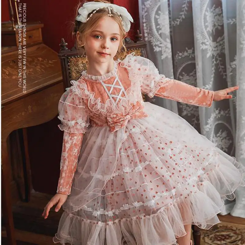 Vestido de terciopelo Lolita para ni&ntilde;as, ropa de fiesta de 3 a 12 a&ntilde;os, largo hasta la rodilla, con dobladillo suelto de manga larga y malla completa, Oto&ntilde;o e Invierno-1