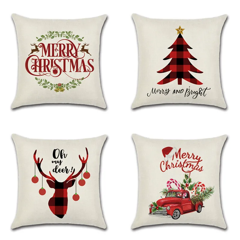 

Merry Christmas Red Cushion Cover Reindeer Tree Truck Printed kussenhoes Square Pillowcase Sofa Xmas Home Car Decorative Pillows