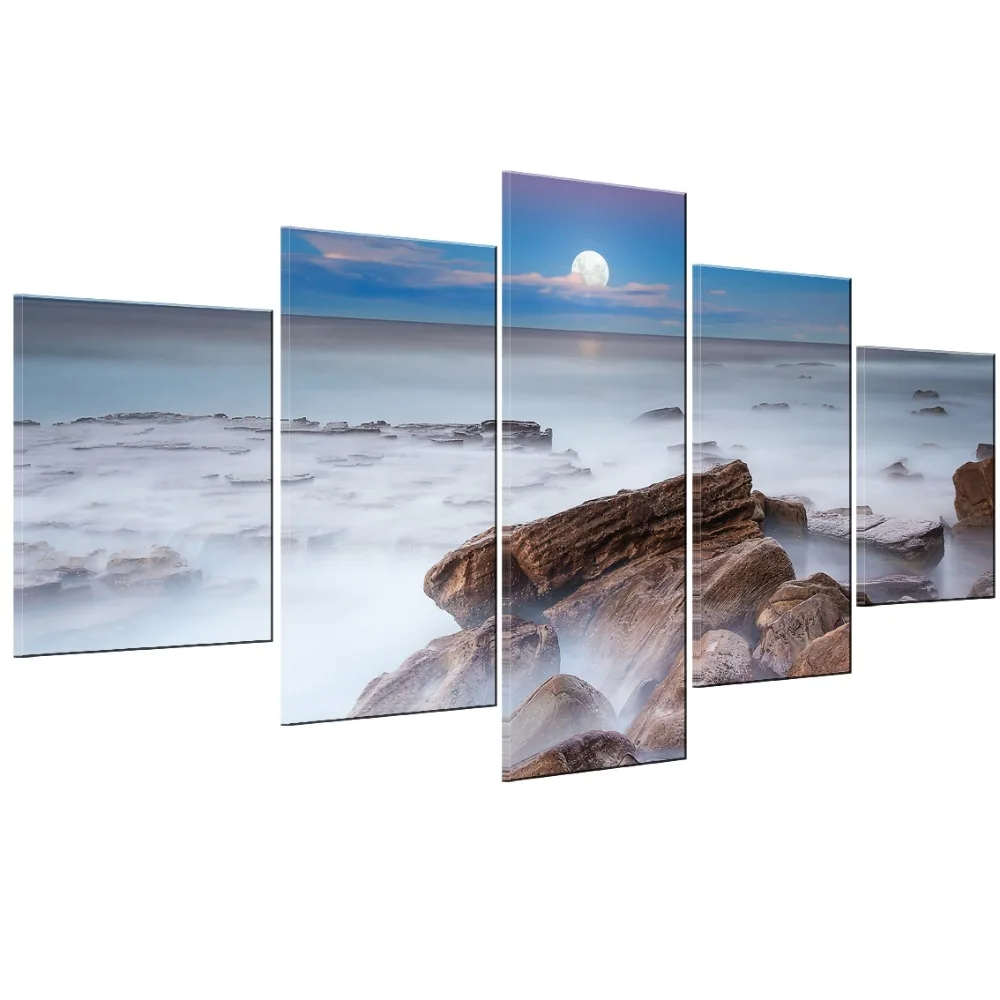 

Framed 5 Piece HD Print Moon Misty Cliff Poster Modern Decorative Paintings on Canvas Wall Art for Home Decorations Wall Decor