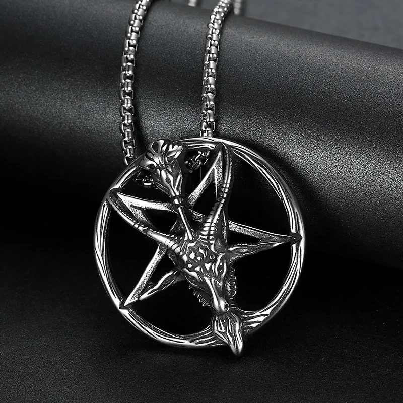 Baphomet Satan Necklace Satanic Jewelry Stainless Steel Lucifer Goat Pendant Antique Vintage Round Silver Color For Men Women  Украшения