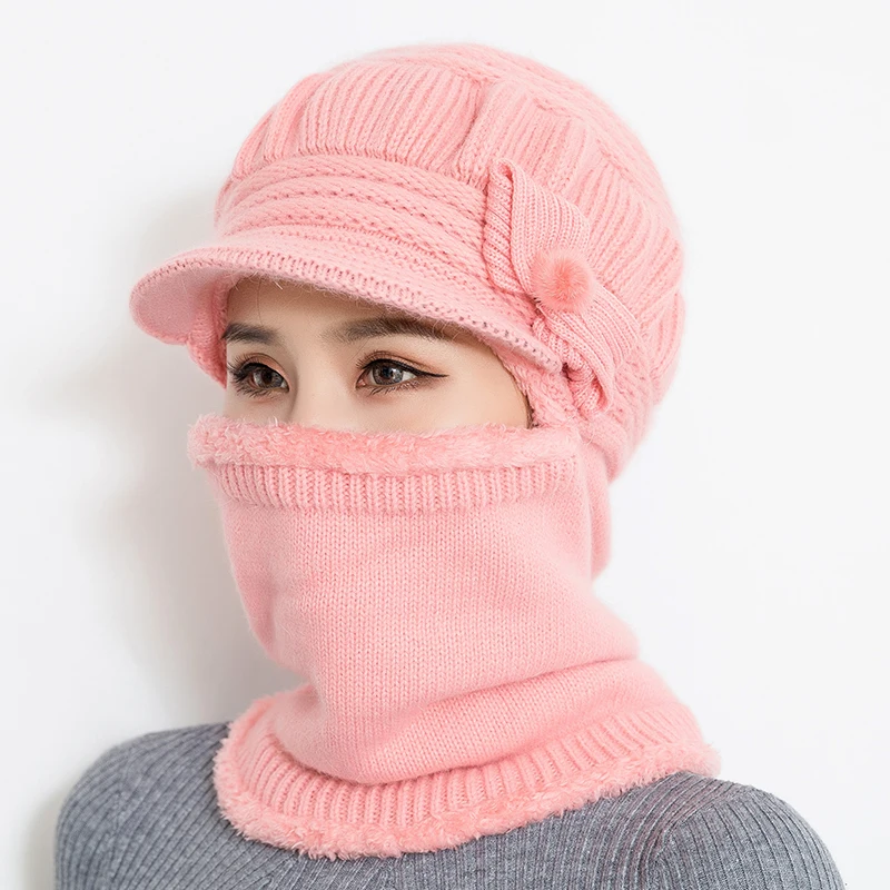 

Female Neck Warmer autumn winter Beanies Hats Mask Women Winter Hat Knitted Hats Scarf Set Beanie Ski Caps Woman