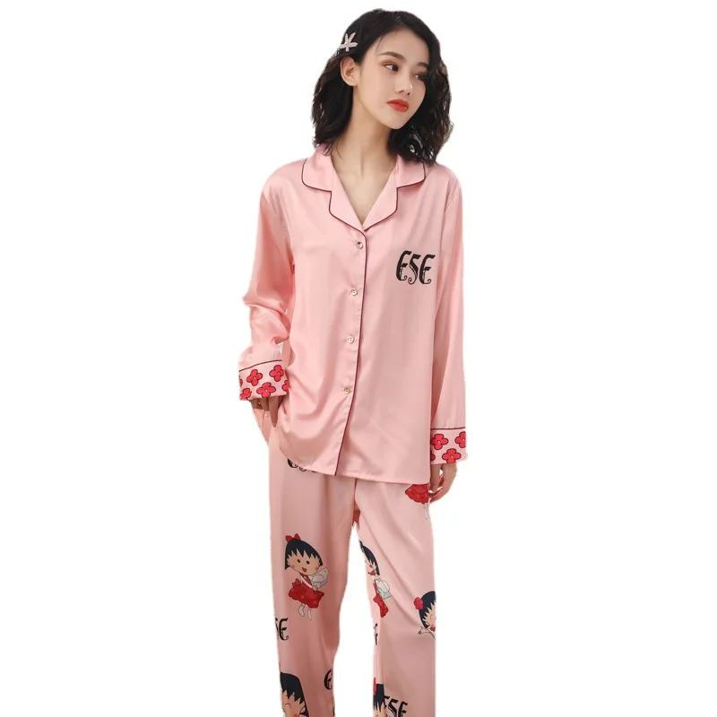 

Ice Silk Pajamas Women Summer The New Sexy Long Sleeve Cardigan Suit Cartoons Printing Tracksuit