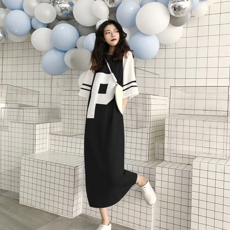 

Korean Version Of The Large Size Loose Slim Dress Mid-Length Over The Knee T-Shirt Skirt Summer Short-Sleeved Skirt