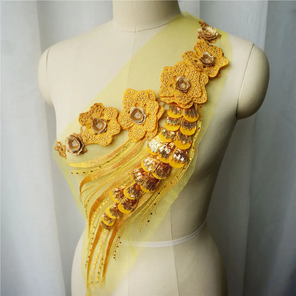 Желтая Цветочная кружевная ткань с пайетками и кисточками вышитая одежда