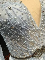 2021 Newest High Quality Customized Blue Satin Heavy Beading Long sleeves V-neck A-line Split Floor Length Prom Evening Dresses
