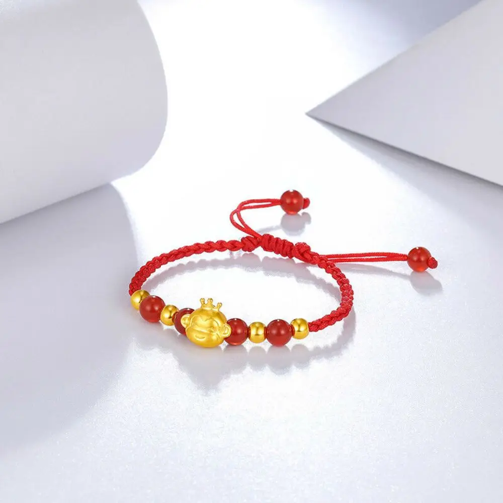

Genuine 24K Yellow Gold Lovely Crown-Monkey with Red Cord Bracelet Length from 5" to 15"