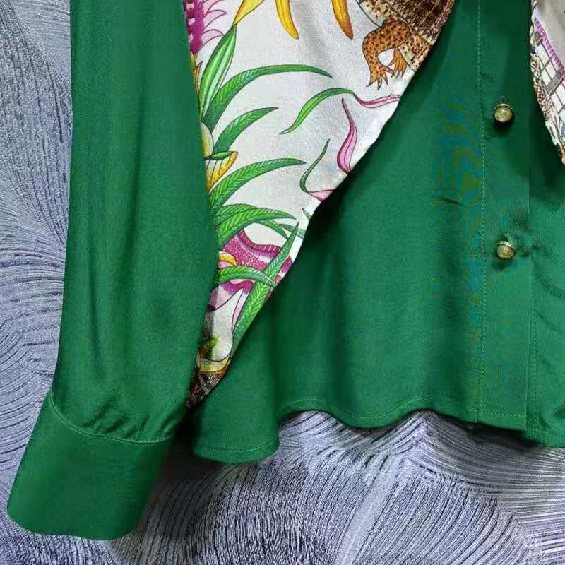

SEQINYY 100% Silk Blouse Summer Spring New Fashion Design Women Runway Flowers Print Green Shirt Elegant Office Lady