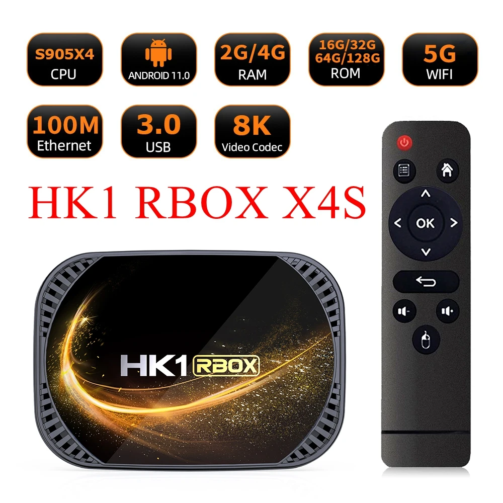 

Приставка Смарт-ТВ HK1 RBOX X4S, Android 11,0, Amlogic S905X4, 4 + 32/64/128 ГБ