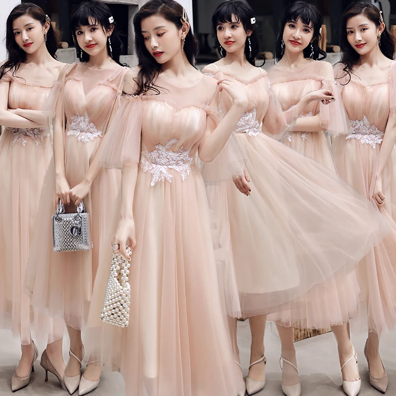 

Bridesmaids Dresses Illusion A-Line O-Neck Pleat Off The Shoulder Embroidery Tulle Ankle-Length Women Wedding Party Gown E069