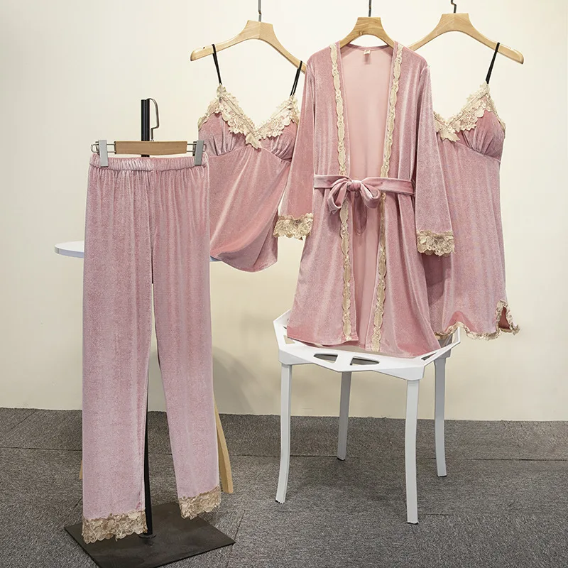 

4PCS Lady PJS Suit Velvet Sexy Pajamas Kimono Bathrobe Gown Casual Sleepwear V-Neck Nightwear Soft Home Clothes Lace Lingerie