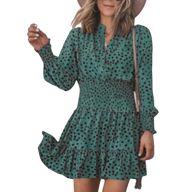 

Autumn Women's Dress Streetwear Polka Dot Print Short Casual Lace Up V Neck Full Sleeve Slim Midi Dress Vintage