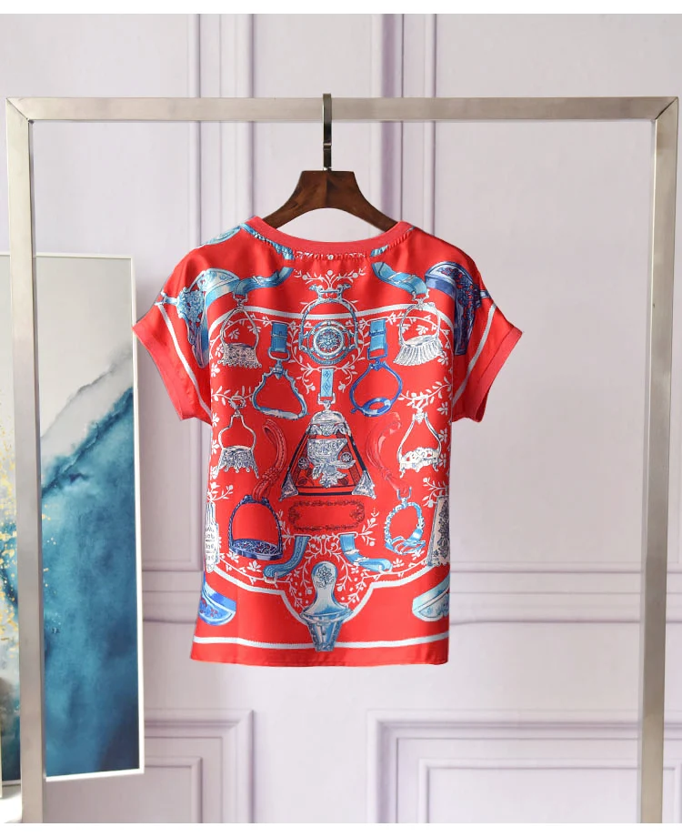 

Retro Digital Printed Silk Top Short Sleeve Round Neck Loose Short Sleeve Shirt
