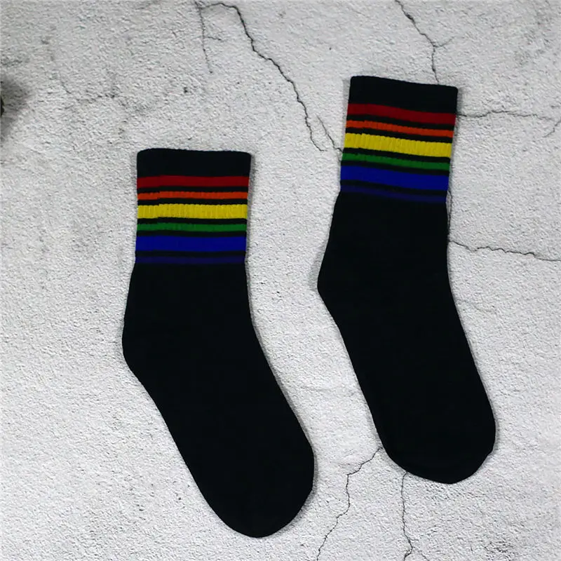 Black Rainbow Носки унисекс в радужную полоску с фруктами; длинные хлопковые носки; сезон весна-лето; носки для влюбленных пар; meias; носки в духе колледжа; Прямая поставка - Цвет: Black Rainbow