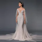 Роскошное Свадебное платье сексуальное прозрачное нижнее белье с О-образным вырезом и аппликацией с рюшами Кепки рукавом Русалка развертки поезд длинное вечернее платье размера плюс