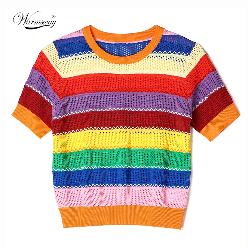 Летняя модная уличная Женская разноцветная футболка в радужную полоску