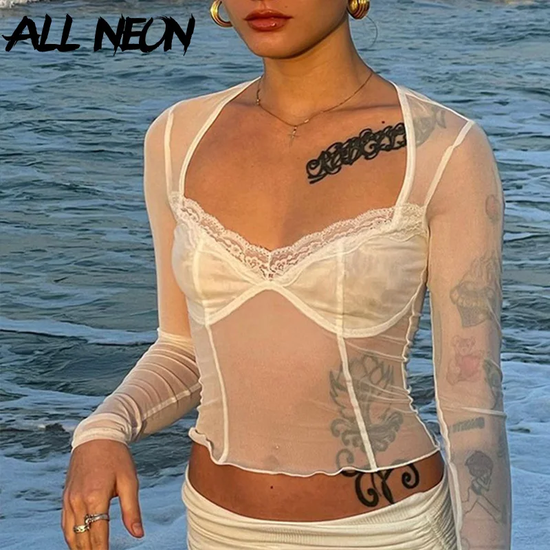 ALLNeon модные Y2K кружевной отделкой сетчатые кроп топы 90s эстетика в стиле пэчворк