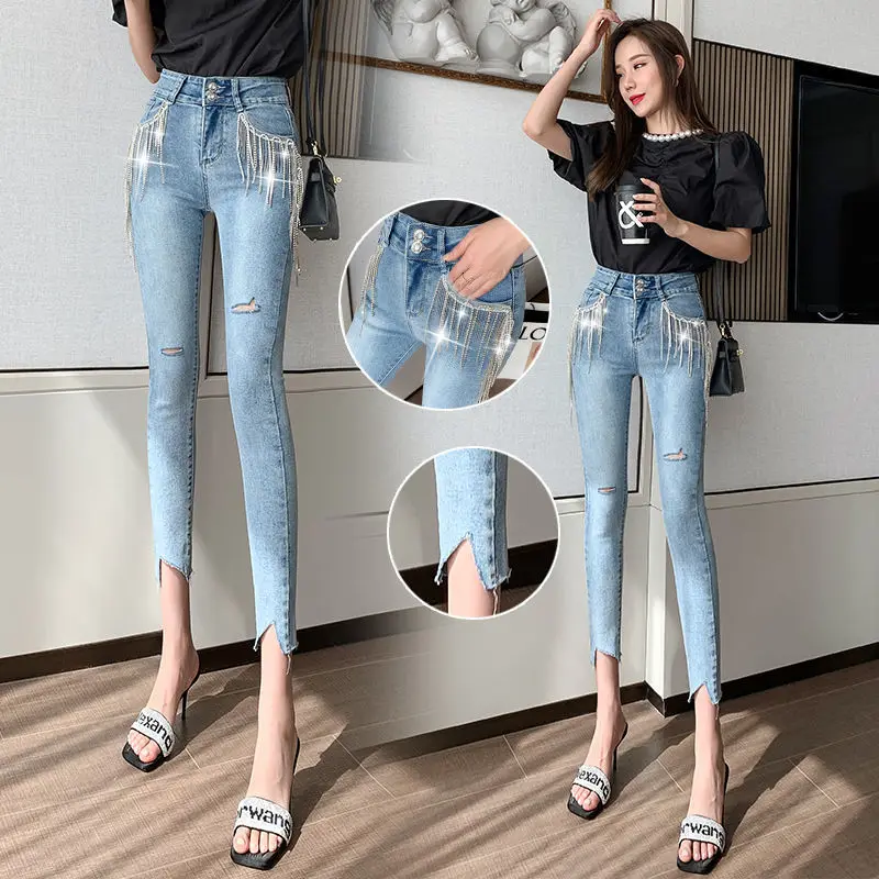 

Spring 2021 Korean High Waist Jeans Trousers with Tassel Women Stretch Hip Slim Washed Skinny Denim Pencil Pants Buttons Fly X28