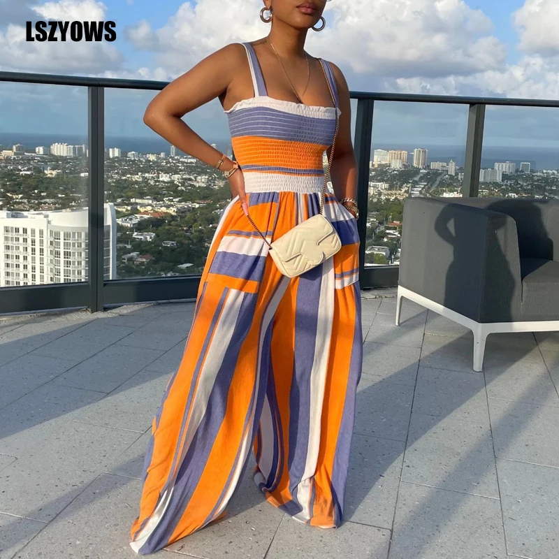 

Summer Women Jumpsuits Rompers Casual Sleeveless Leopard Striped Print Overalls Spaghetti Straps Ruched Wide Leg Loose Jumpsuits