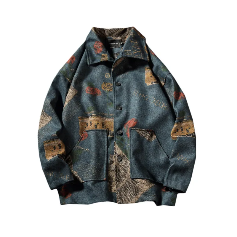

Winter Plus Cotton Thickening Woolen Jacket Men Warm Fashion Retro Printing Casual Woolen Coat Men Wild And Loose Overcoat M-5XL