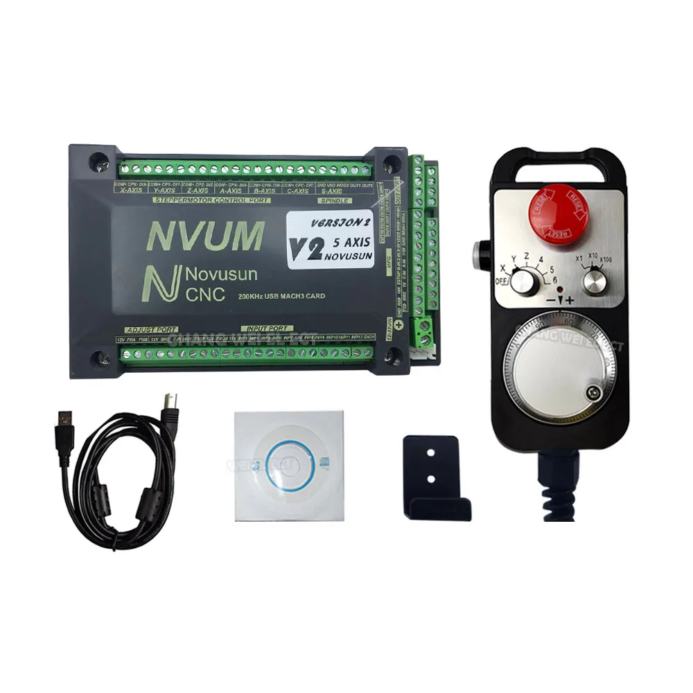 Nvum Mach3-usb Control Card 200khz 3-axis/4-axis/5-axis/6-axis Cnc Motion Controller Emergency Stop Handwheel Mpg75w24dc