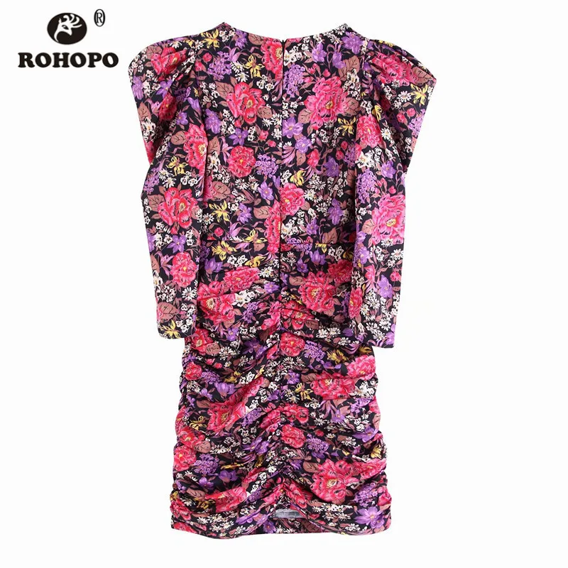 ROHOPO Puff Sleeve Autumn Floral Draped Cake Dress V Collar Back Zipper Closure Sheathe Printed Sexy Mini Party Vestido #9719 | Женская