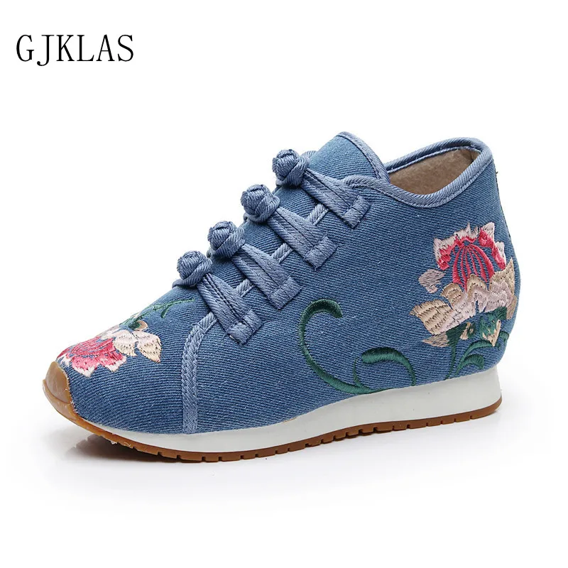 

Embroider Canvas Casual Shoes Womens Heels Slip on Wedges Shoes for Women Ethnic Style Heels Fashion Comfy Women Oxfords Shoes