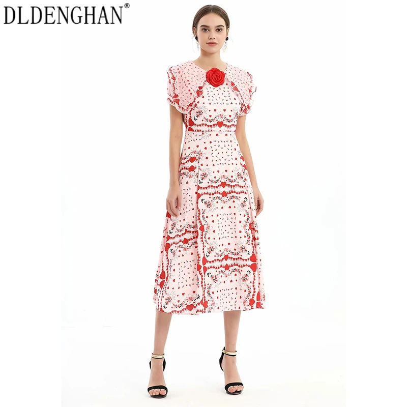 

DLDENGHAN Vintage 3D Appliques Summer Dress For Women V-Neck Short Sleeves High Waist Floral Print Midi Dresses Fashion New