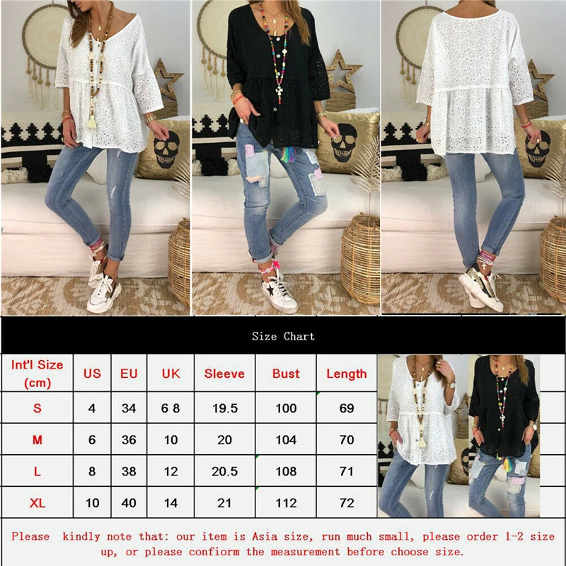 

2019 New Fashion Womens Lace Hollow Out Horn Long Sleeve Tee Tops Summer Casual Shirt Pullover V-Neck T-shirt Top
