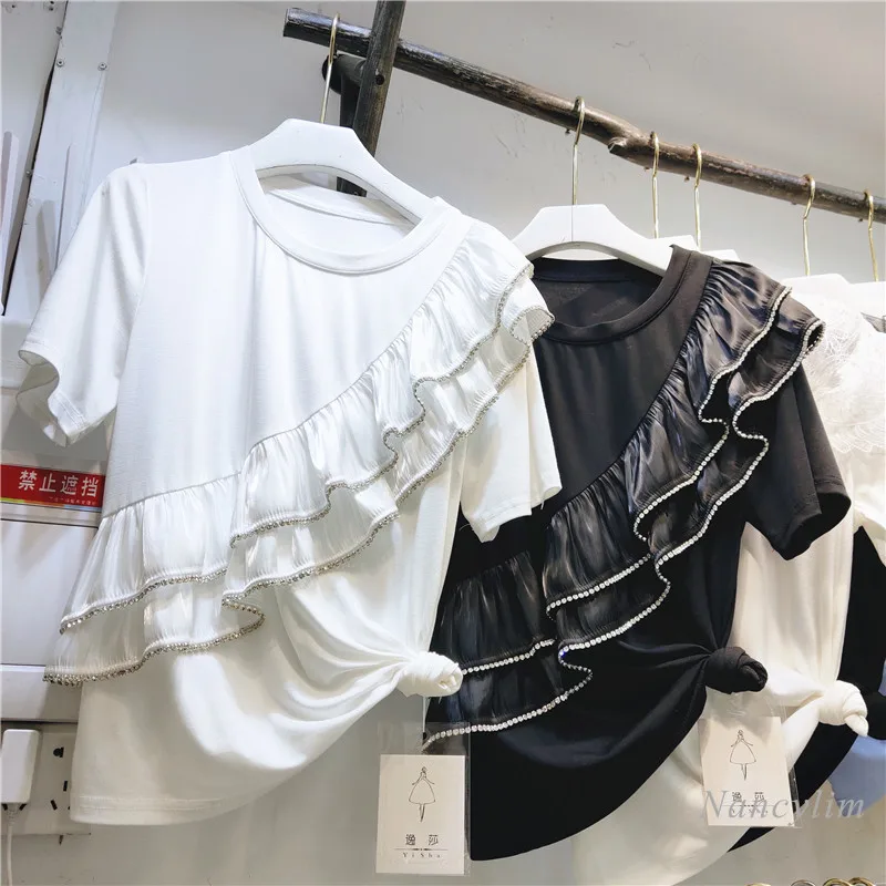 

Свободная футболка для женщин 2021 летние изысканные стразы плиссированное платье с оборками оборки, подходящая к любому стилю одежды футбол...