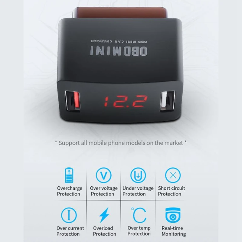 

Car Charger, Durable ABS OBD MINI Dual USB Charger Socket with Voltage Display