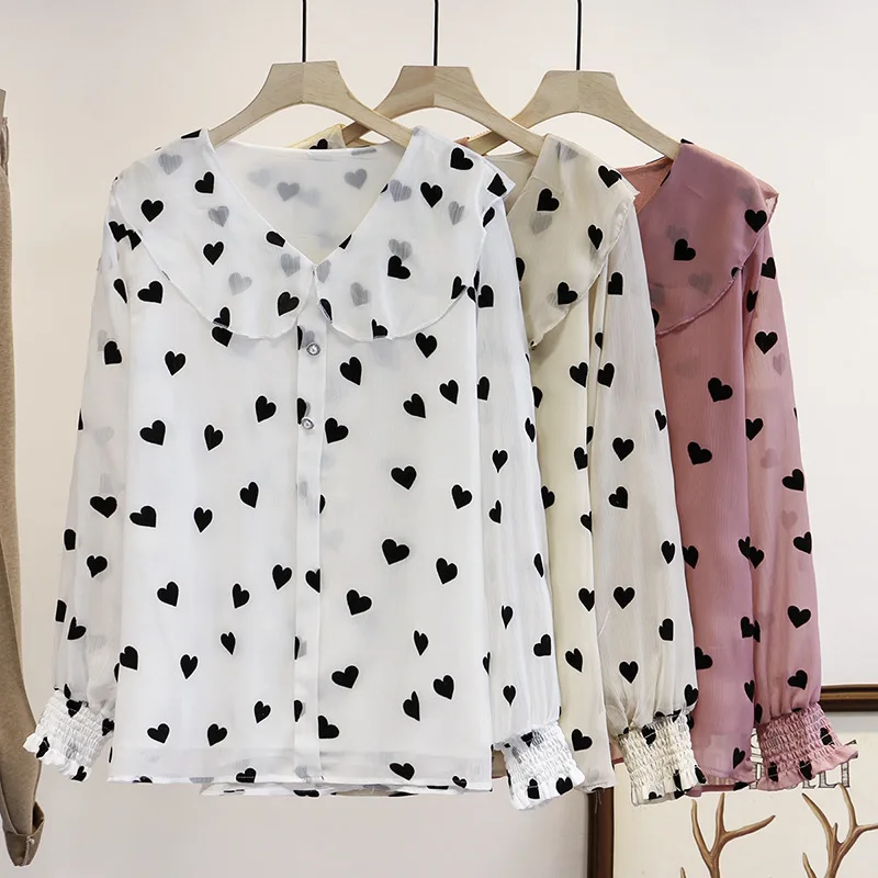Свободная Милая женская рубашка с длинным рукавом большой размер шифоновая