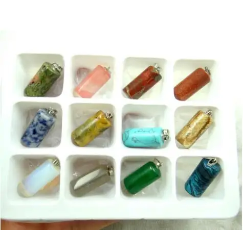 

Natural Quartz crystal Turquoises tiger eye aventurine cylinder pendant for diy jewelry making necklace Accessories 12PCS A1