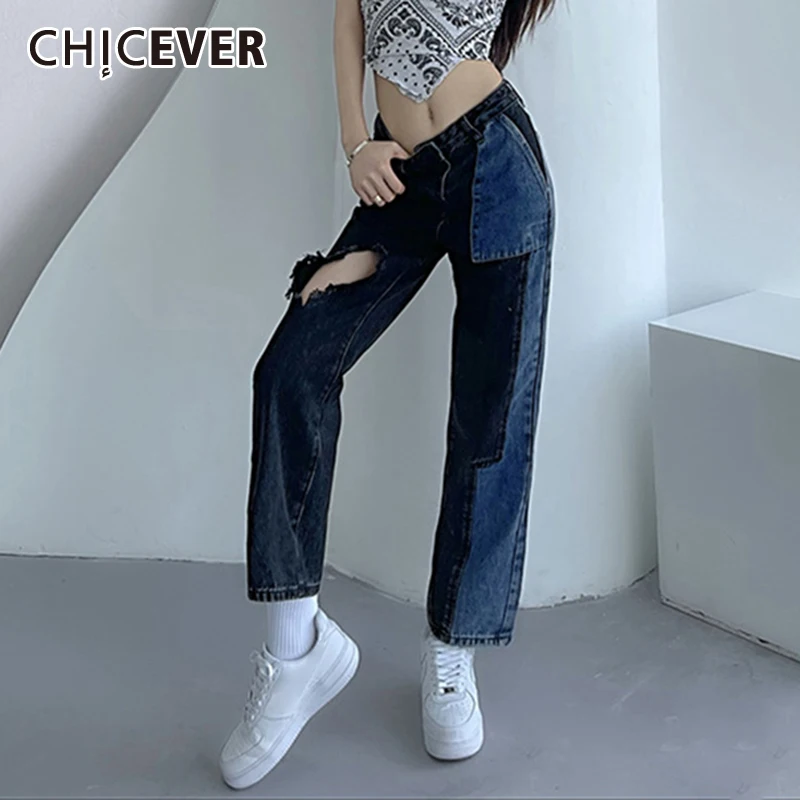 

Пикантные Лоскутные джинсовые женские брюки CHICEVER с необработанным краем, Длинные свободные брюки с высокой талией и цветными блоками, модн...