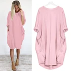 Женское однотонное платье с длинным рукавом, повседневное свободное платье большого размера с карманами и круглым вырезом, модная женская элегантная уличная одежда оверсайз, новинка на лето