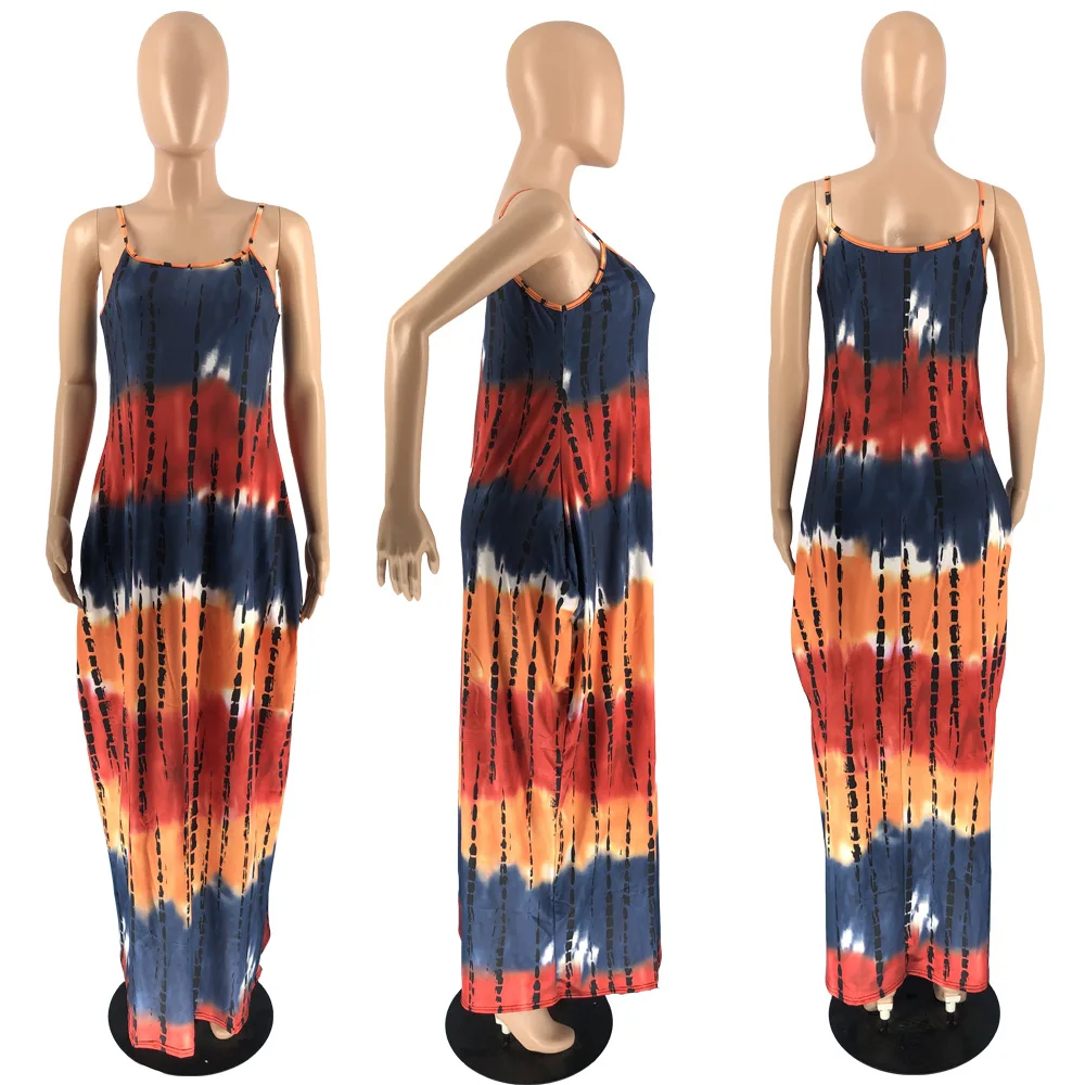 

Echoine Sleeveless Strap Maxi Long Dress Tie Dye Print Dresses Pocket Elegant Sexy Beach Holidays Robe Boho Vintage Vestidos