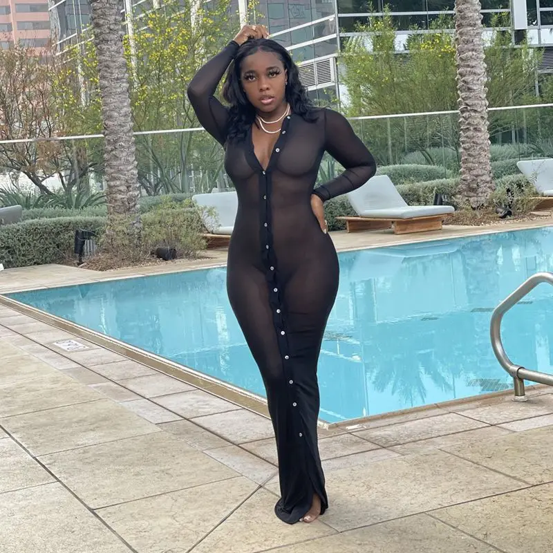 

Through Casual Button Shirt Dress Long Sleeve Women Clothing Vacation Beach Outfits Elegant Stretch Loose Maxi Dresses