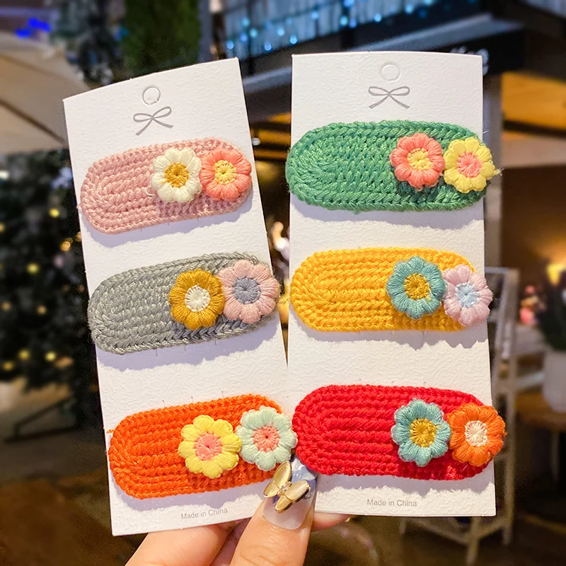 

2020 Winter Children Cute Colors Knitting Flower Ornament Hair Clips Girls Lovely Alloy Barrettes Hairpins Kids Hair Accessories