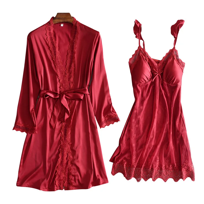 

Patchwork Nightwear Women Kimono Robe Set Satin 2PCS Sleep Set Homewear Intimate Lingerie Sexy Bathrobe Gown Summer Nightgown