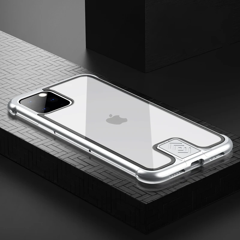 Для iPhone11 противоударный двухтактный металлический каркас задняя крышка из закаленного стекла чехол для iPhone 11pro Max чехол - Цвет: Silver