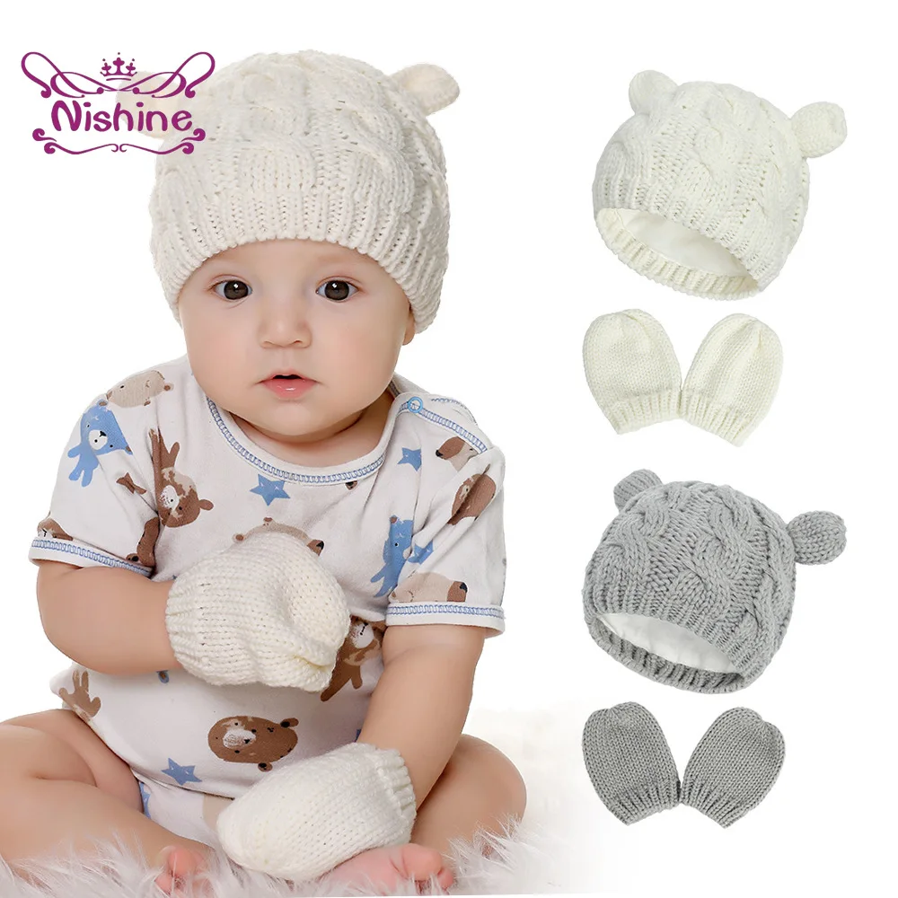 

Nishine Solid Color Newborn Infant Knitted Bear Ears Hat and Glove Set Autumn and Winter Warm Cap Kids Birthday Gifts