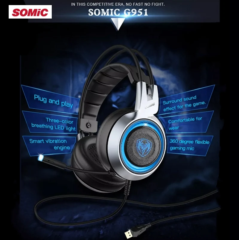 SOMiC G951 USB светодиодный игровой наушник дышащий 3 цвета подсветка бас стерео гарнитура с микрофоном для ПК PS4 геймер