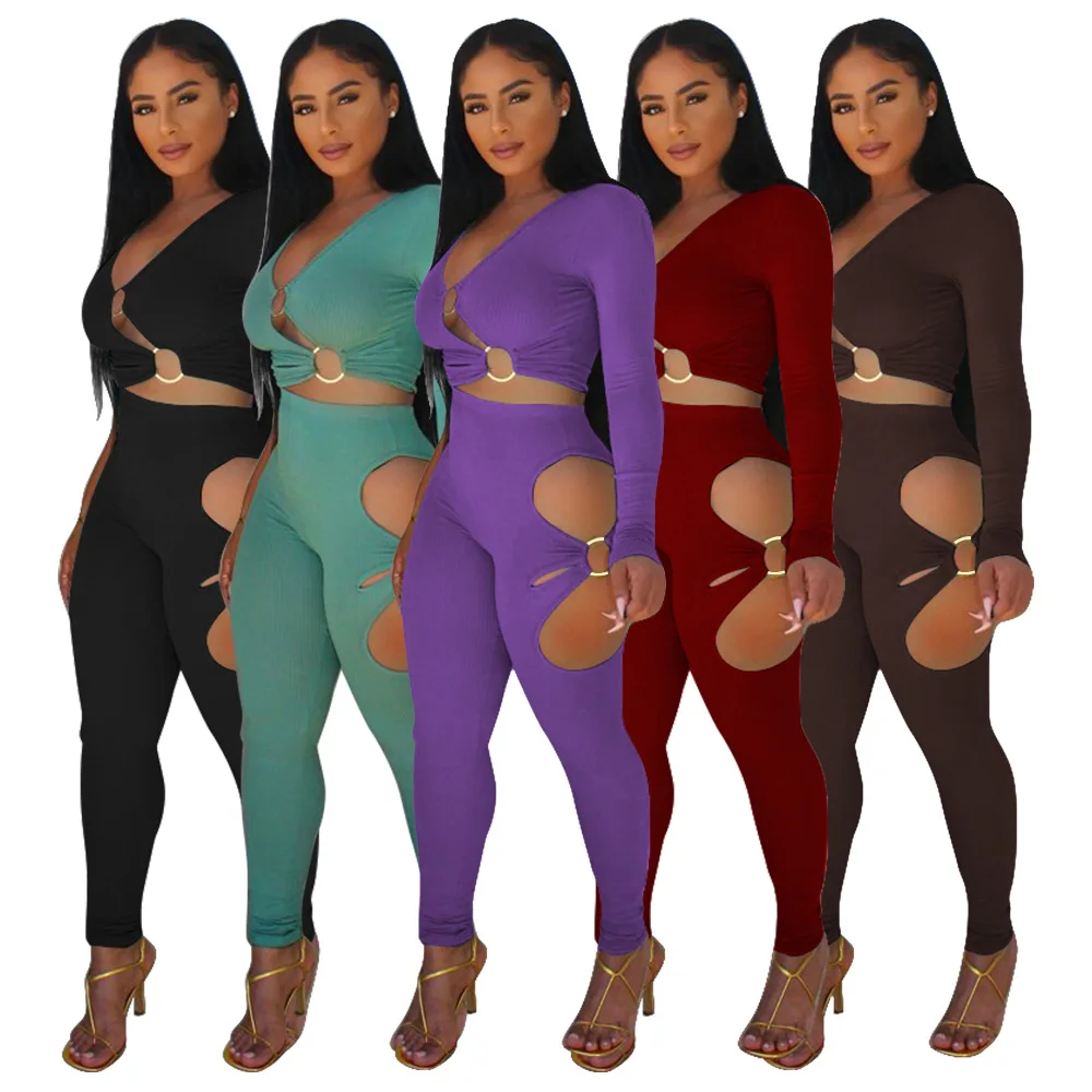 

High Elastic Tracksuit Woman V Neck Long Sleeve Crop Top + Hollow Out Leggings Two Piece Set Women Sportswear Outfits